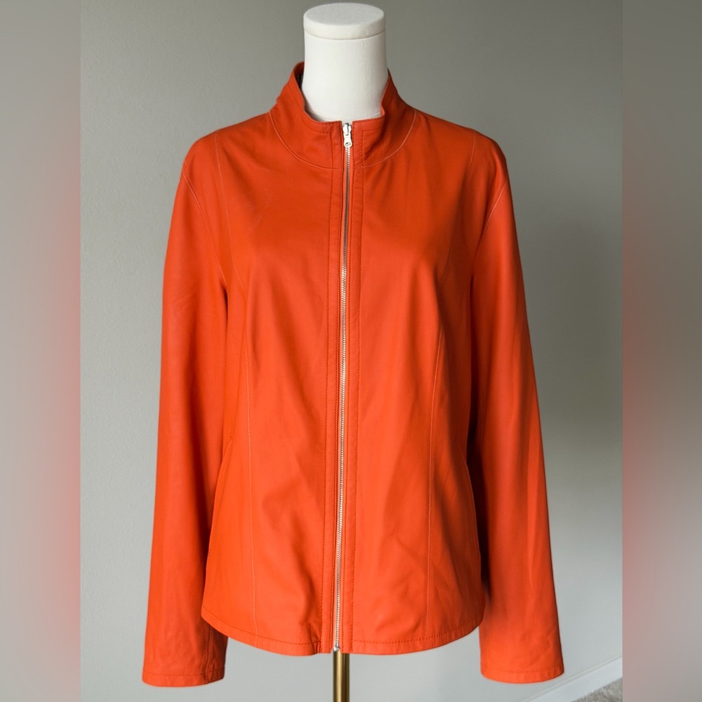 KIRCILAR Reversible Ultra Soft Leather Jacket Orange Abstract Print - 4 / L